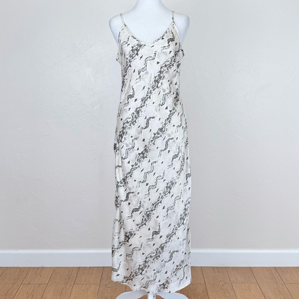 Vici Satin Midi Slip Dress Off White Gray Snakeskin Print Spaghetti Strap M